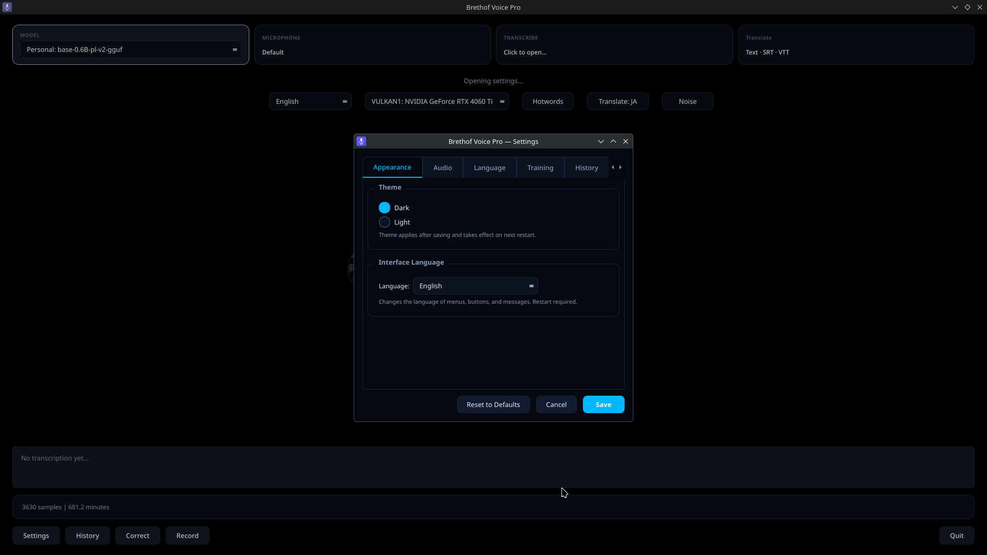 Brethof Voice Pro — Appearance Settings