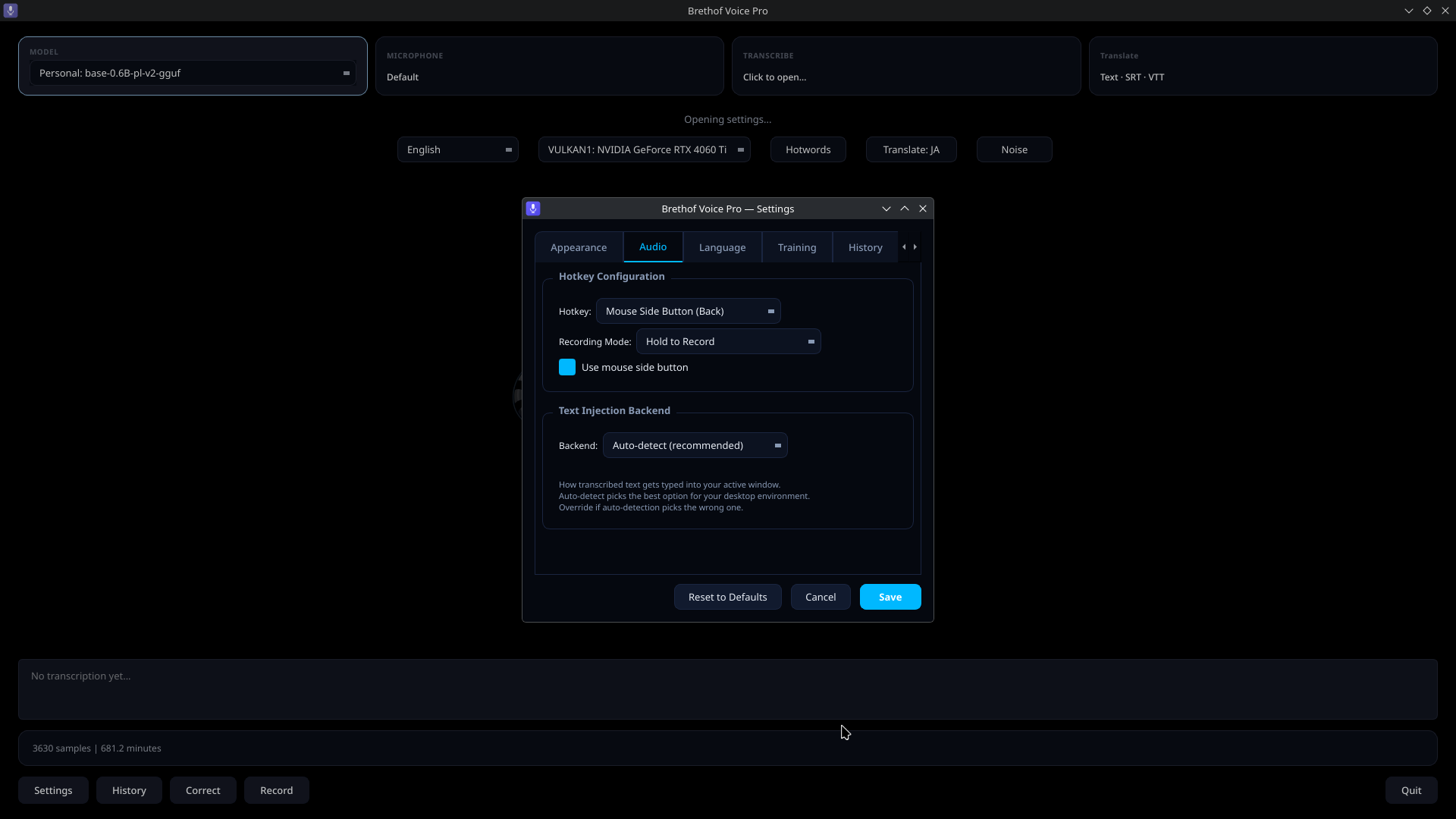 Brethof Voice Pro — Audio Settings