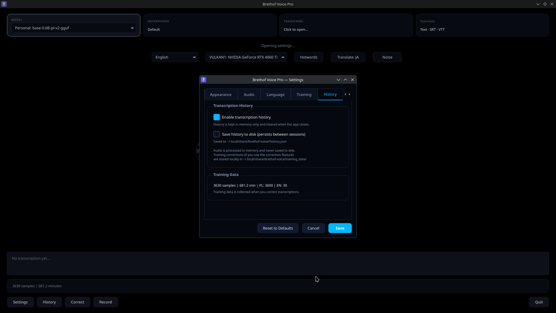 Brethof Voice Pro — History Settings