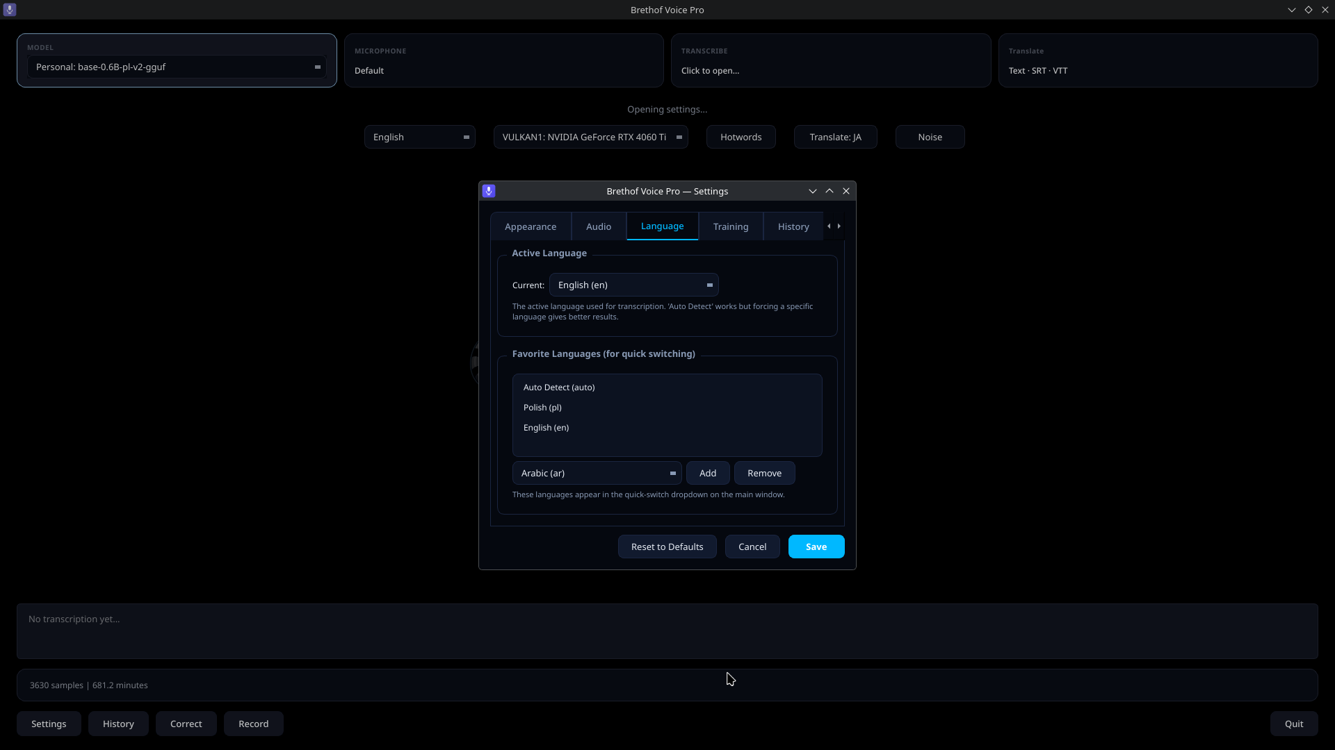 Brethof Voice Pro — Language Settings