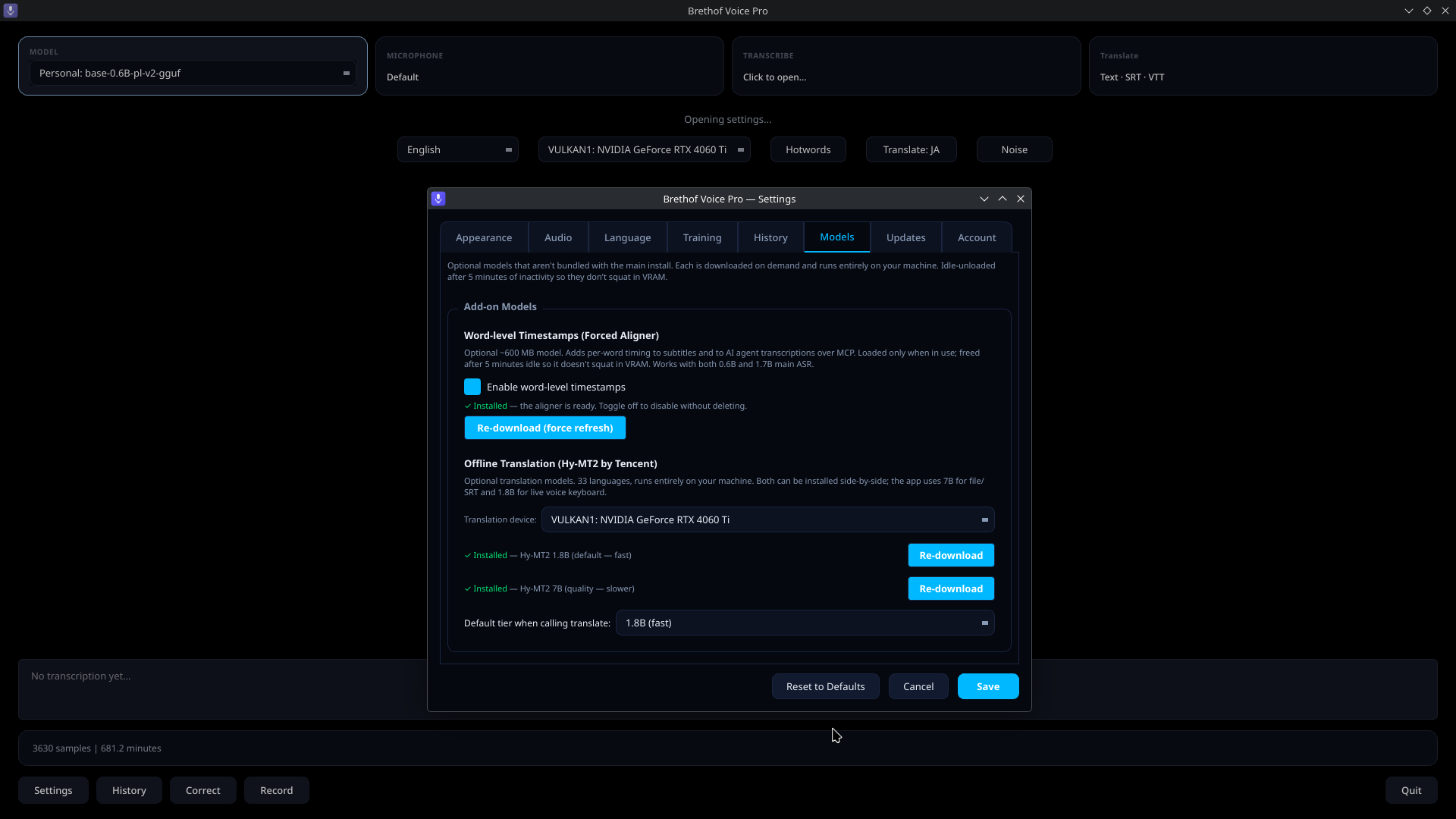 Brethof Voice Pro — Models tab