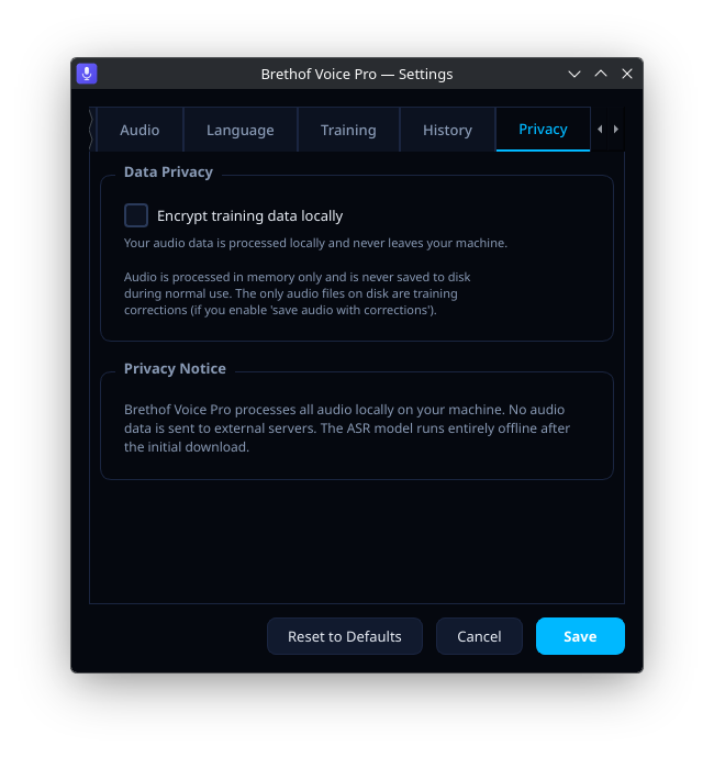 Brethof Voice Pro — Privacy Settings
