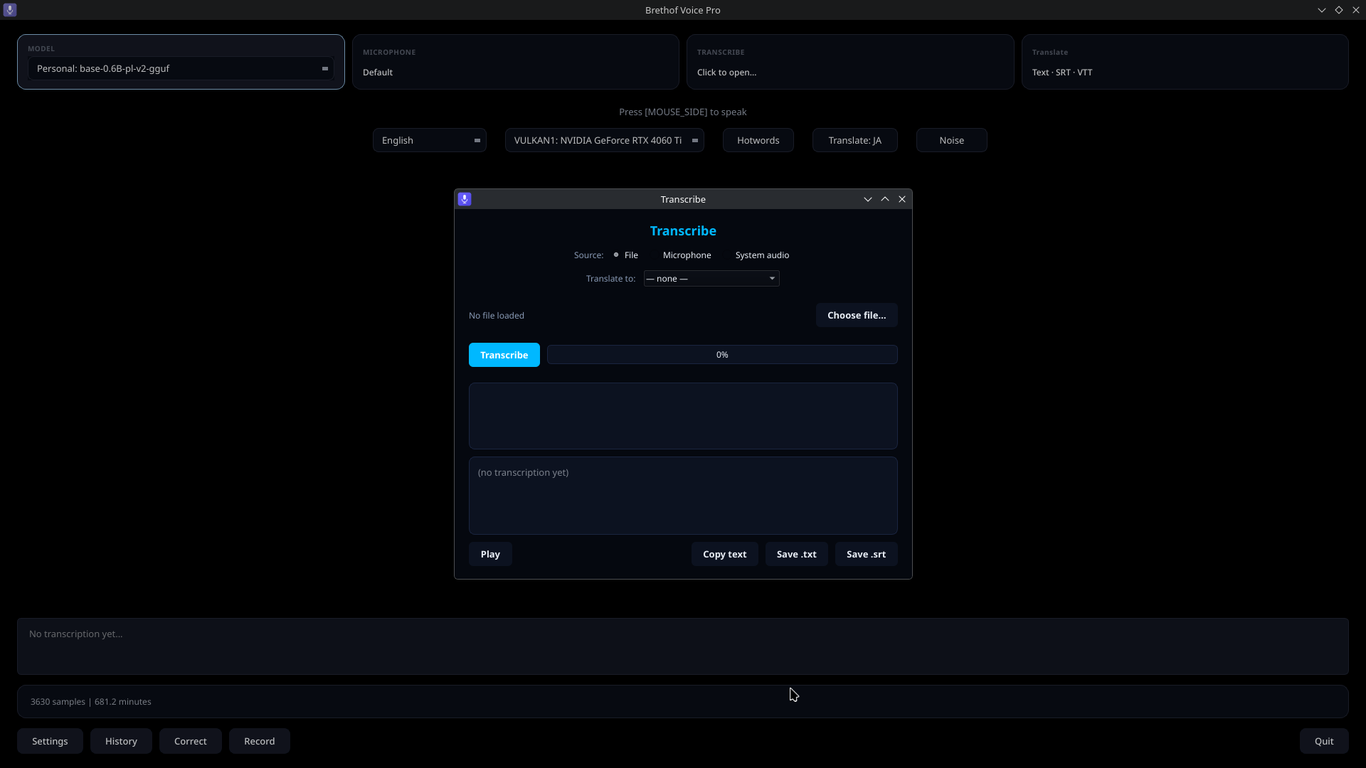 Brethof Voice Pro — Transcribe and translate a file